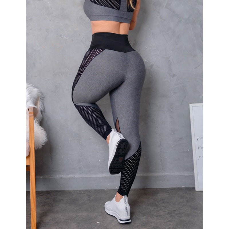 Calça Fitness Mescla com Cós Preto e Recortes em Tela | Ref: 3.3.2050