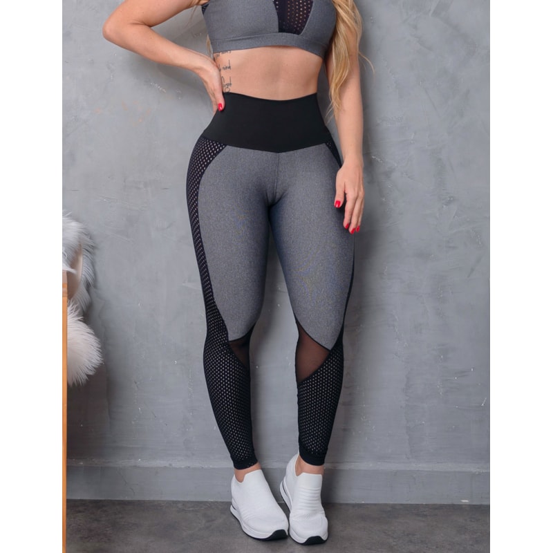 Calça Fitness Mescla com Cós Preto e Recortes em Tela | Ref: 3.3.2050