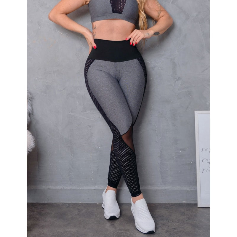 Calça Fitness Mescla com Cós Preto e Recortes em Tela | Ref: 3.3.2050