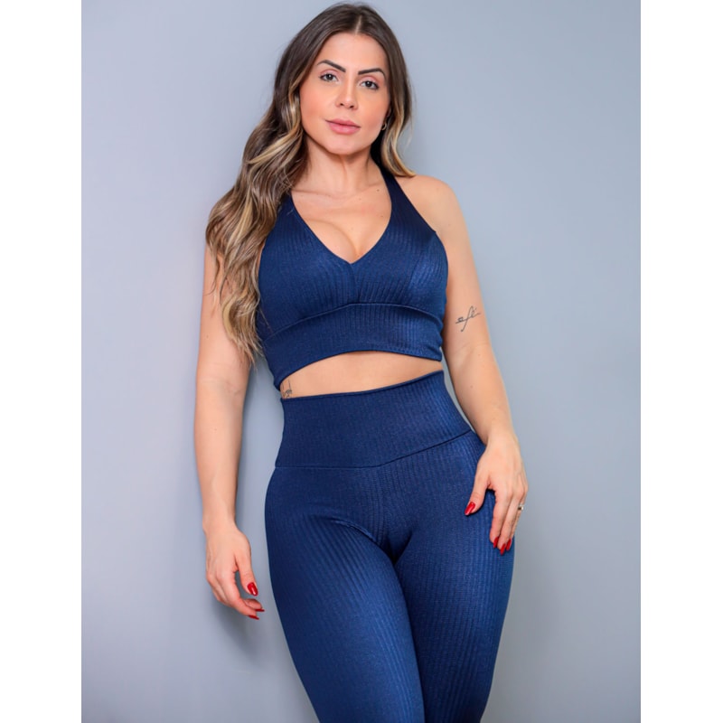 Conjunto Azul Marinho Texturizado com Calça e Cropped com Bojo | Ref: 6.6.0098-18