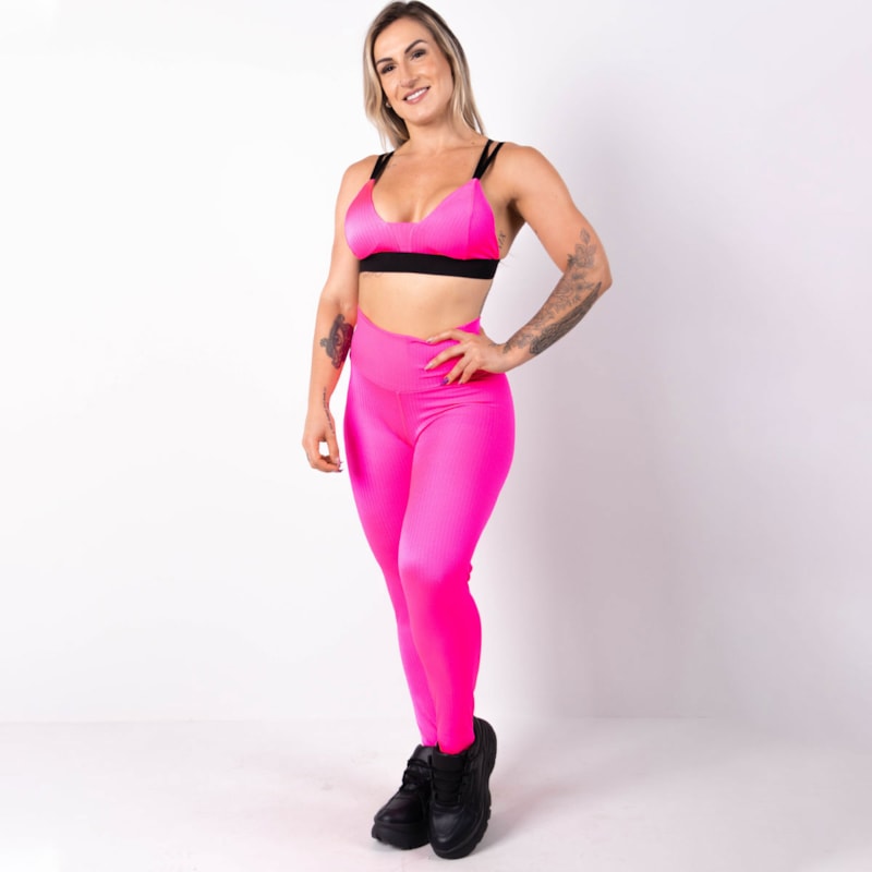 Conjunto em Poliamida Texturizada Calça Cintura Alta e Top Rosa Neon | Ref: 6.6.0107-39