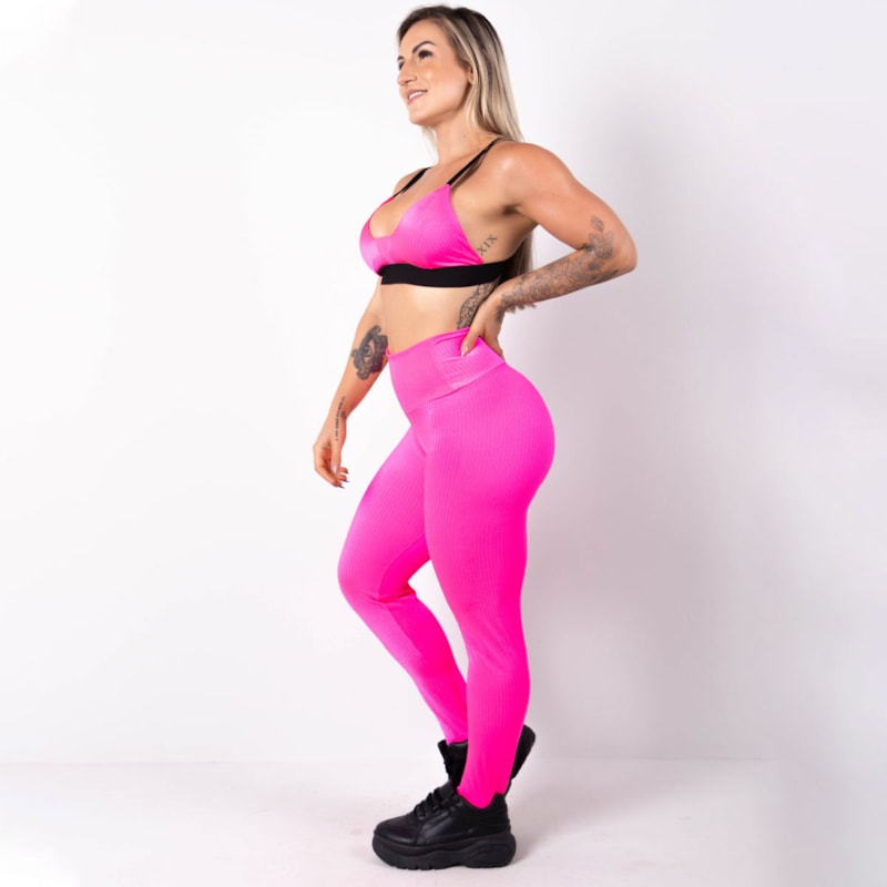 Conjunto em Poliamida Texturizada Calça Cintura Alta e Top Rosa Neon | Ref: 6.6.0107-39