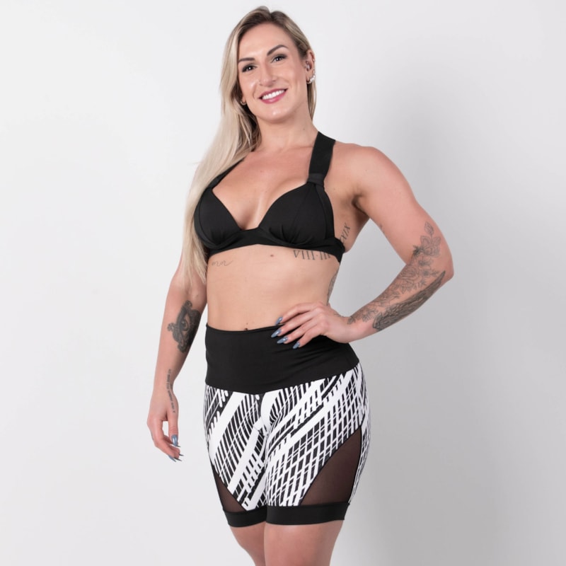 Conjunto Fitness Short Estampado com Recortes em Tela e Top Preto com Bojo | Ref: 8.8.0177-3221