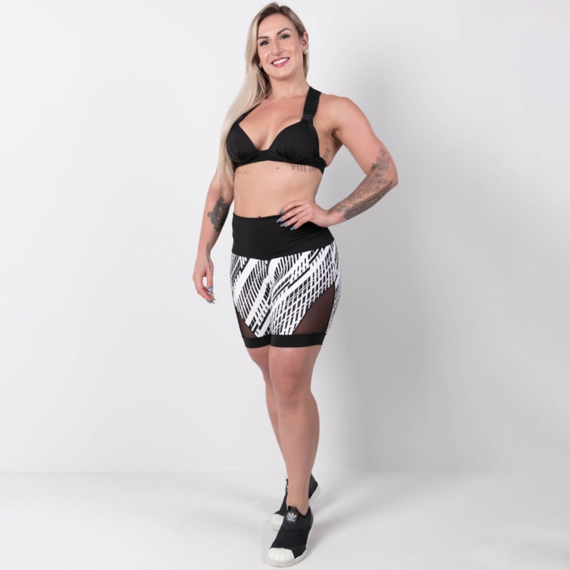 Conjunto Fitness Short Estampado com Recortes em Tela e Top Preto com Bojo | Ref: 8.8.0177-3221
