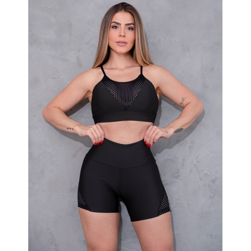 Conjunto Preto Short com Tela e Cropped Tela com Bojo Removível | Ref: 8.8.0175-01