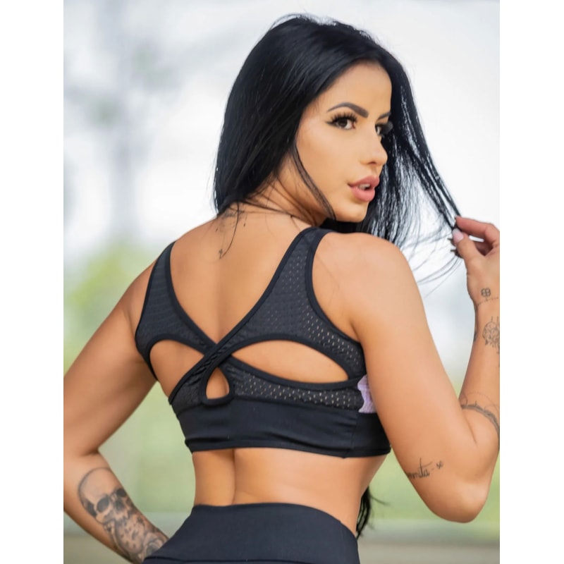 Cropped Preto e Branco de Poliamida com Bojo e Fecho de Zíper | Ref: 3.3.2524-0102