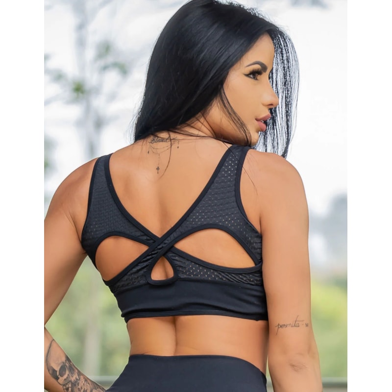 Cropped Preto e Branco de Poliamida com Bojo e Fecho de Zíper | Ref: 3.3.2524-0102