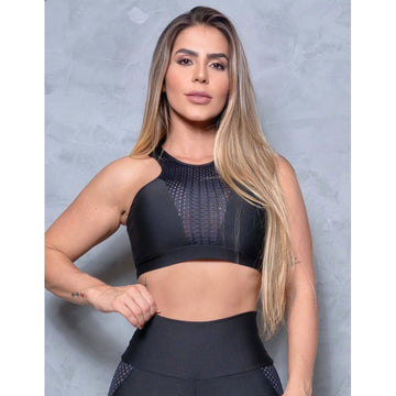 Cropped Preto sem Bojo com Tela de Poliamida | Ref: 4.4.4334-01