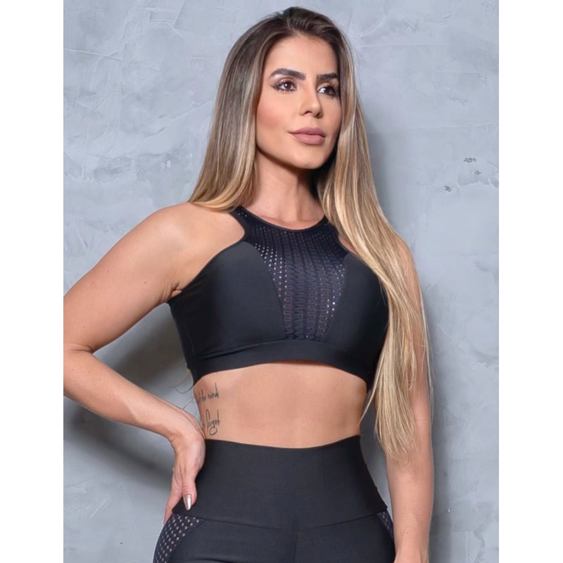 Cropped Preto sem Bojo com Tela de Poliamida | Ref: 4.4.4334-01
