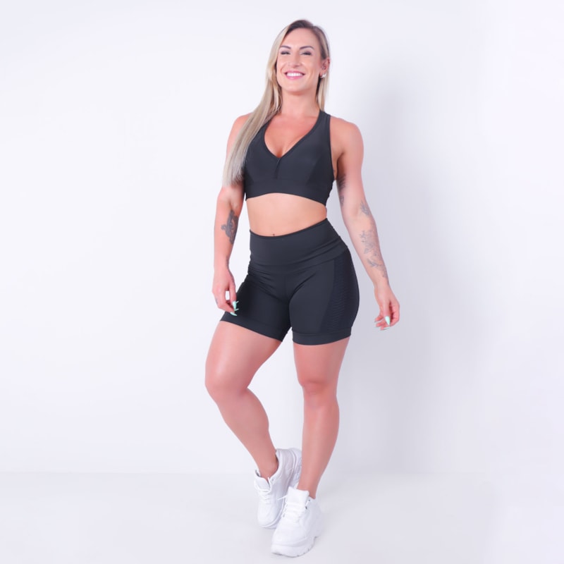 Short com Recorte Texturizado nas Laterais e Barra Preto | Ref: 4.4.4417-01