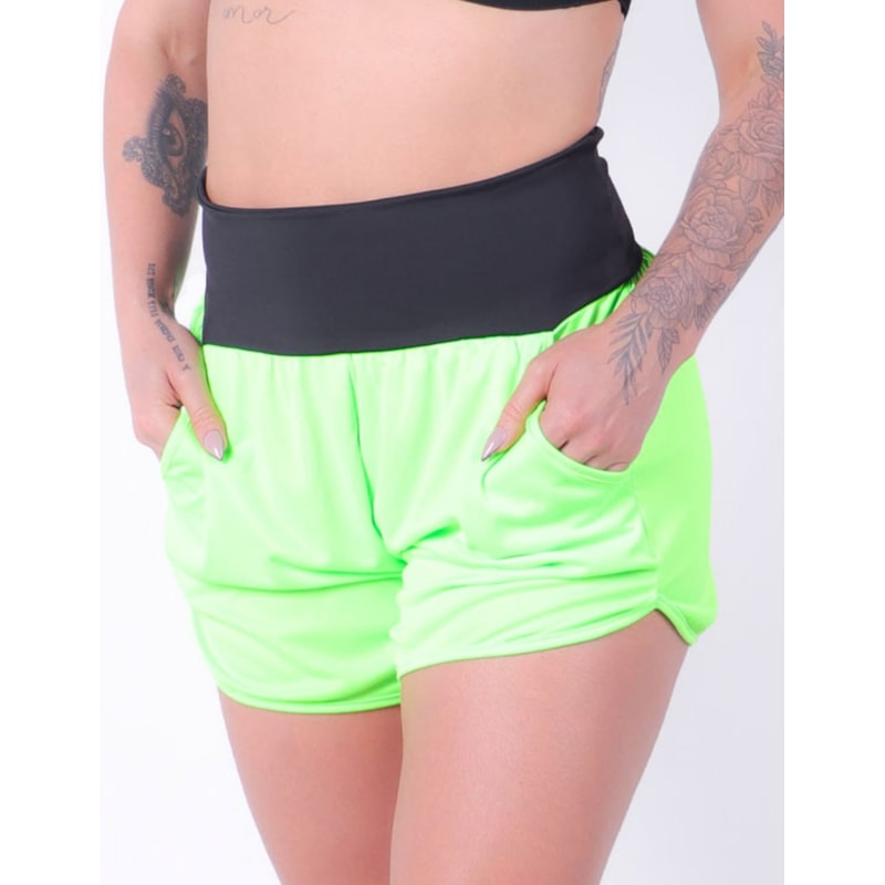 Short Feminino Dry Fit Verde Neon com Bolsos Laterais | Ref: 4.4.4362-32