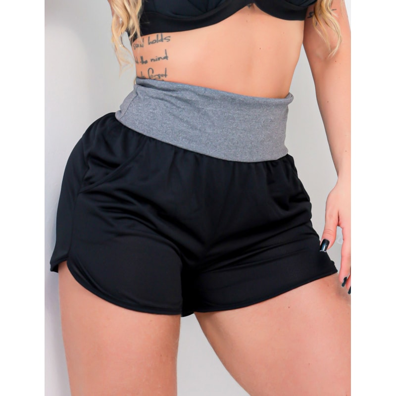 Short Fitness com Bolsos em Dry Fit Preto com Cós Mescla sem Forro | Ref: 4.4.1722-0103