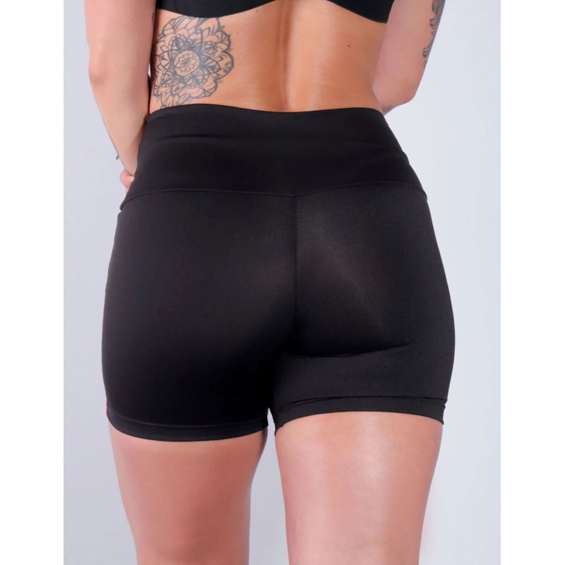 Short Fitness Preto com Recortes de Tela de Poliamida Rosa | Ref: 4.4.4198-0701