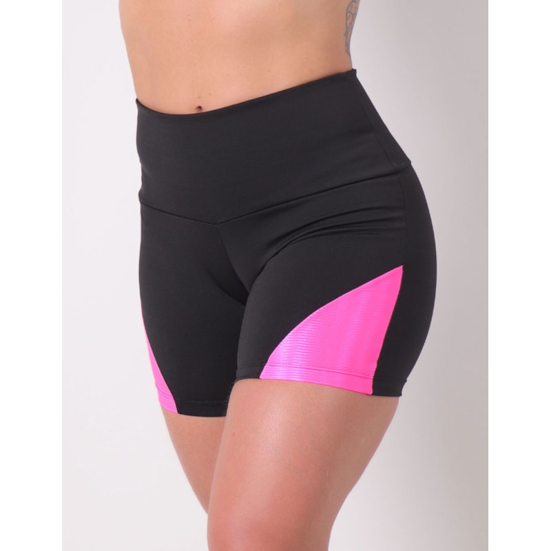 Short Fitness Preto com Recortes Rosa Neon | Ref: 4.4.4198N-0139