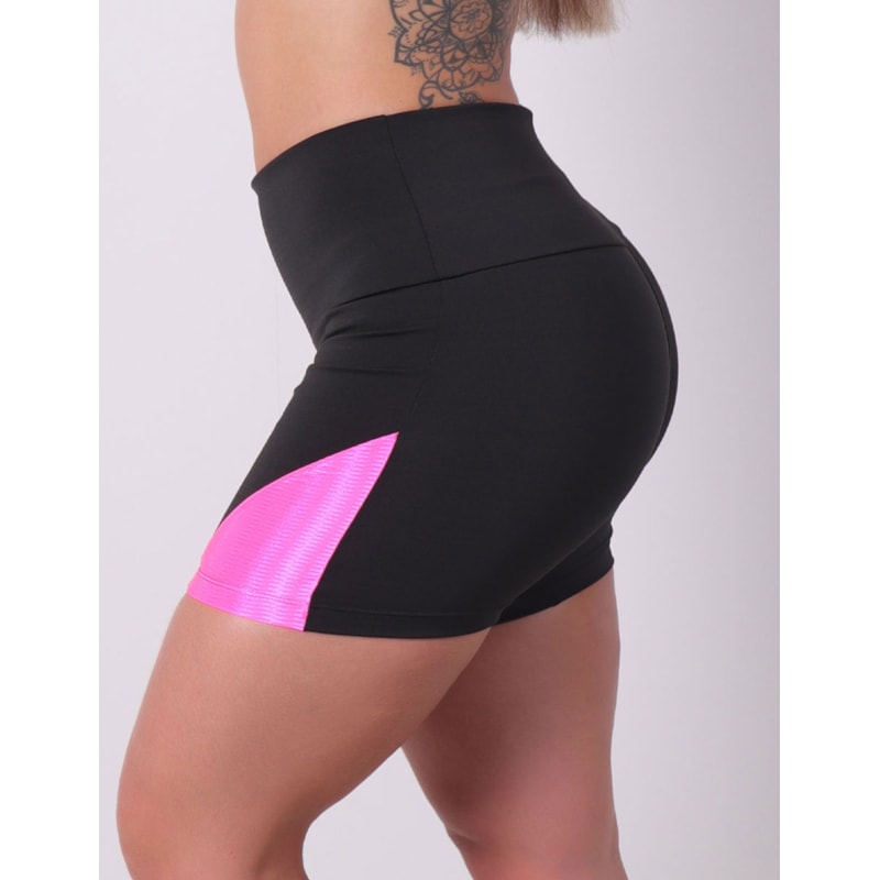 Short Fitness Preto com Recortes Rosa Neon | Ref: 4.4.4198N-0139
