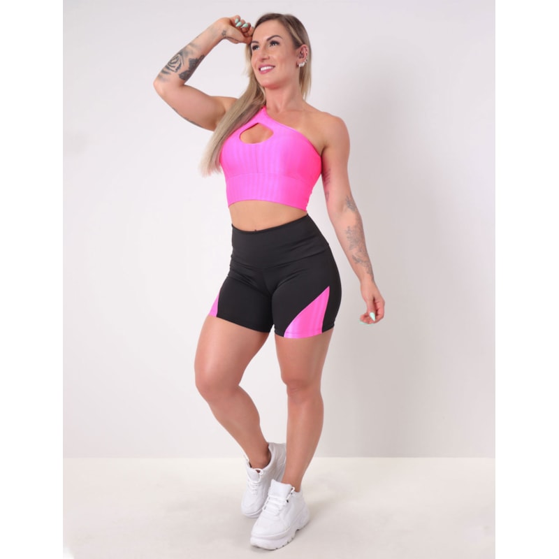 Short Fitness Preto com Recortes Rosa Neon | Ref: 4.4.4198N-0139