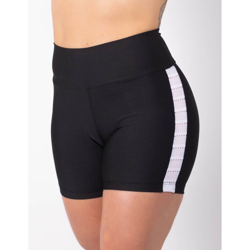 Short Preto com Recortes em Tela Branca nas Laterais | Ref: 4.4.4321-0102TELA