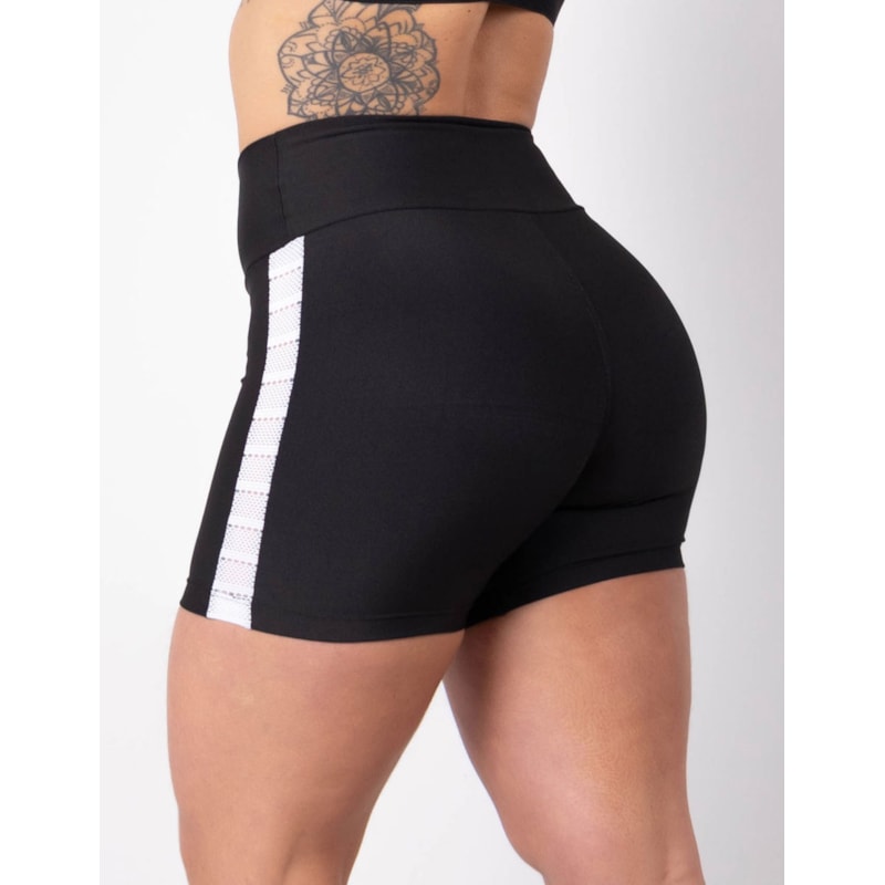 Short Preto com Recortes em Tela Branca nas Laterais | Ref: 4.4.4321-0102TELA