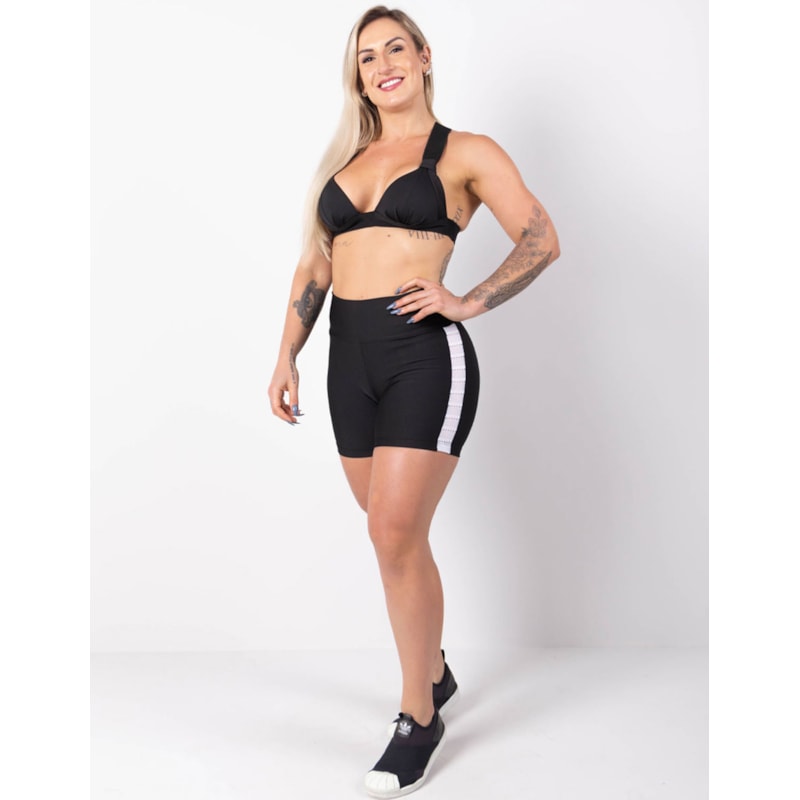 Short Preto com Recortes em Tela Branca nas Laterais | Ref: 4.4.4321-0102TELA