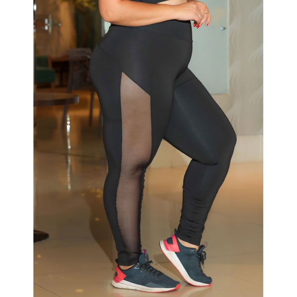 Calça Fusô Plus Size para Ginástica Lisa com Recorte em Tule | Ref: 4.4.1768-01
