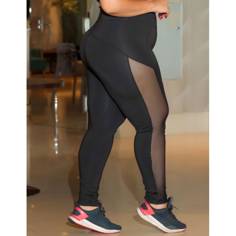 Calça Fusô Plus Size para Ginástica Lisa com Recorte em Tule | Ref: 4.4.1768-01