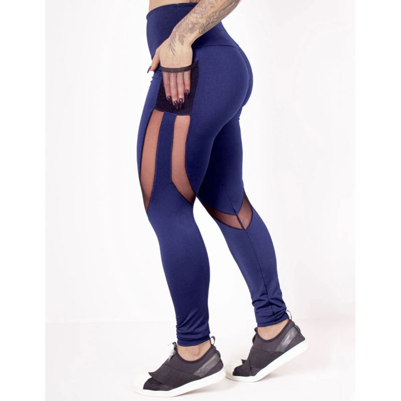 Calça Fitness Azul Marinho com Recortes de Tule e Bolsos | Ref: 4.4.1815-18