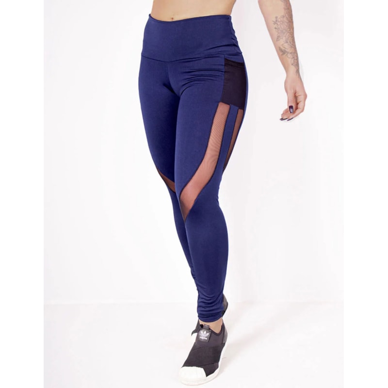 Calça Fitness Azul Marinho com Recortes de Tule e Bolsos | Ref: 4.4.1815-18