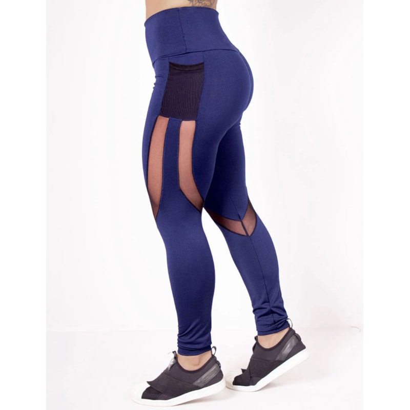 Calça Fitness Azul Marinho com Recortes de Tule e Bolsos | Ref: 4.4.1815-18