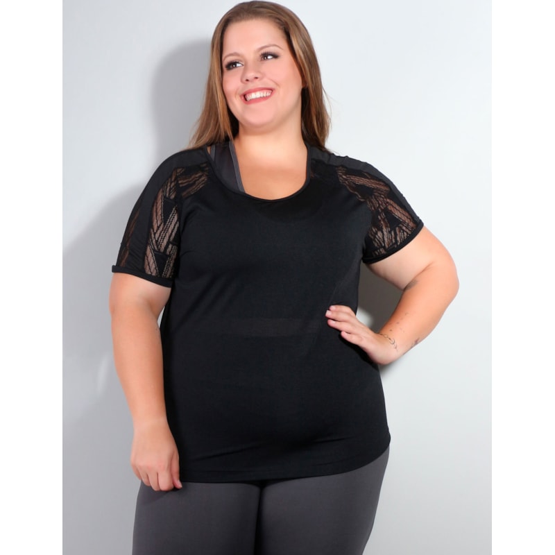 Camiseta Plus Size Dry Fit Preto com Tela nos Ombros | Ref: 4.4.4142-01