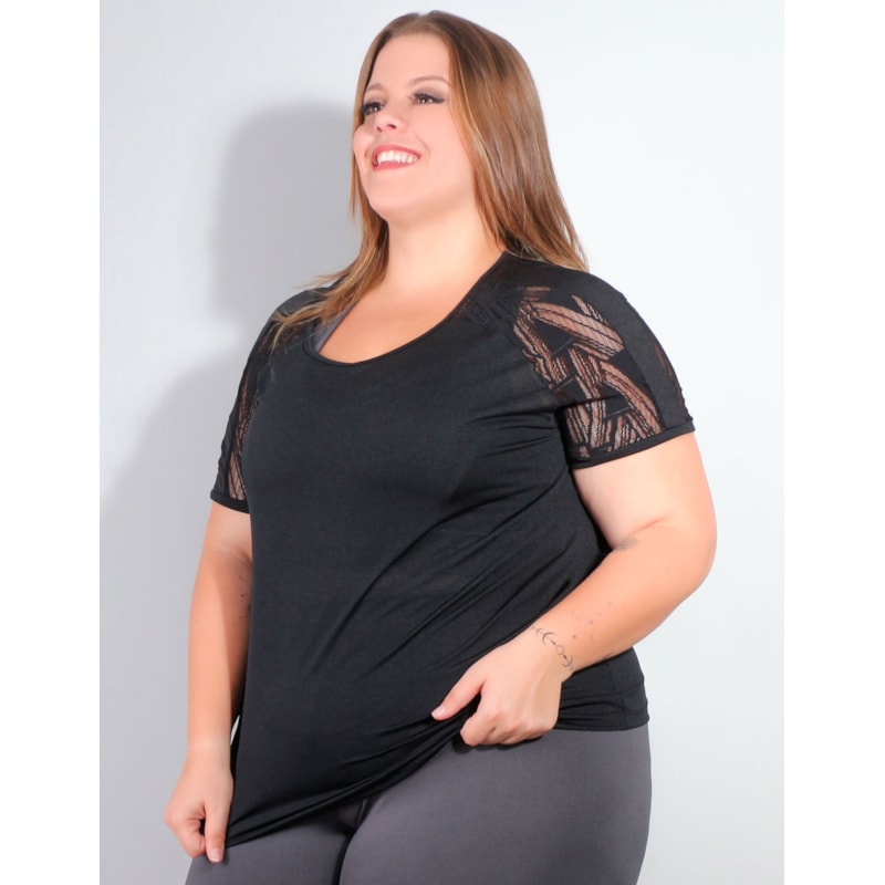 Camiseta Plus Size Dry Fit Preto com Tela nos Ombros | Ref: 4.4.4142-01
