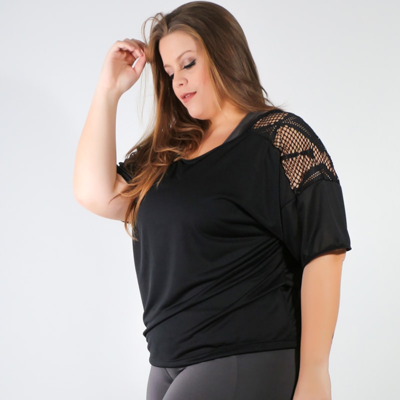 Blusa Plus Size Dry Fit Preto com Tela | Ref: 4.4.4143-01