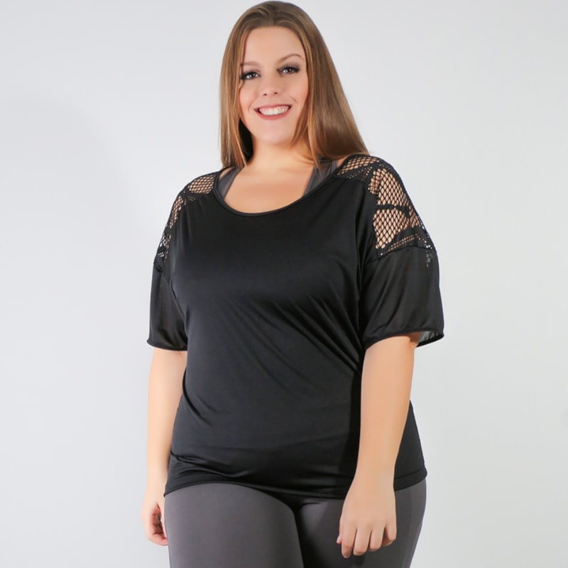 Blusa Plus Size Dry Fit Preto com Tela | Ref: 4.4.4143-01