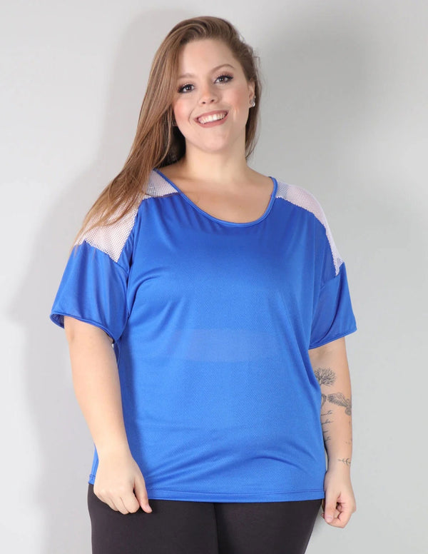 Blusa Azul em Dry Fit com Recortes de Tela Branca | Ref: 4.4.4143-0602