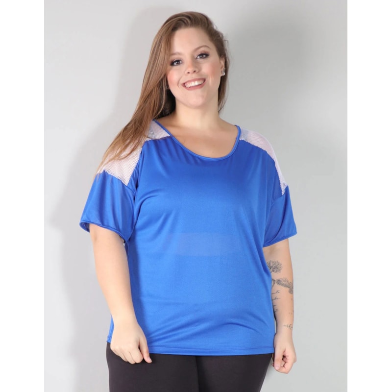 Blusa Azul em Dry Fit com Recortes de Tela Branca | Ref: 4.4.4143-0602