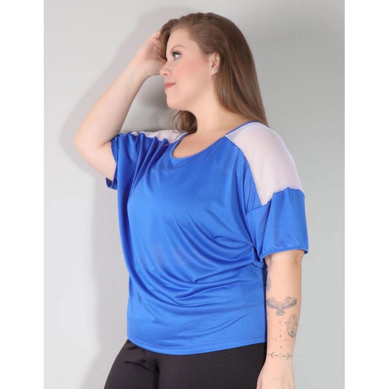 Blusa Azul em Dry Fit com Recortes de Tela Branca | Ref: 4.4.4143-0602