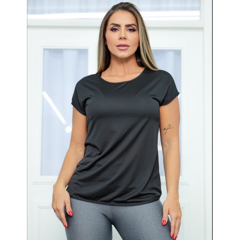 Blusa Preta de Academia em Dry Fit com Manguinhas | Ref: 3.3.2554-01-P