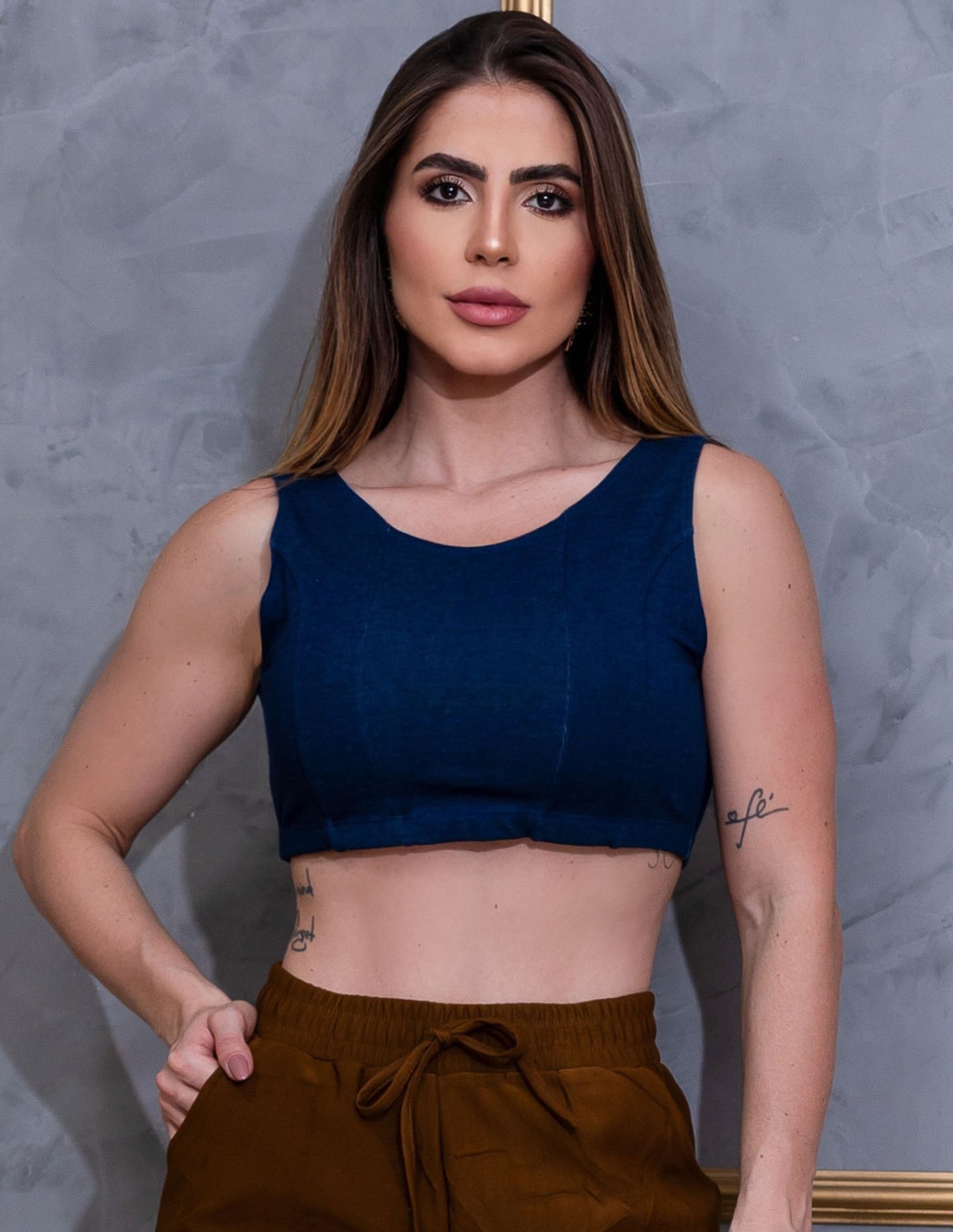 Cropped Fake Jeans Em Viscose