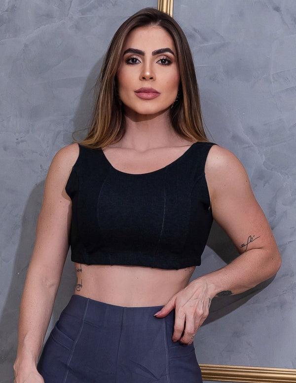 Cropped Fake Jeans Preto em Viscose