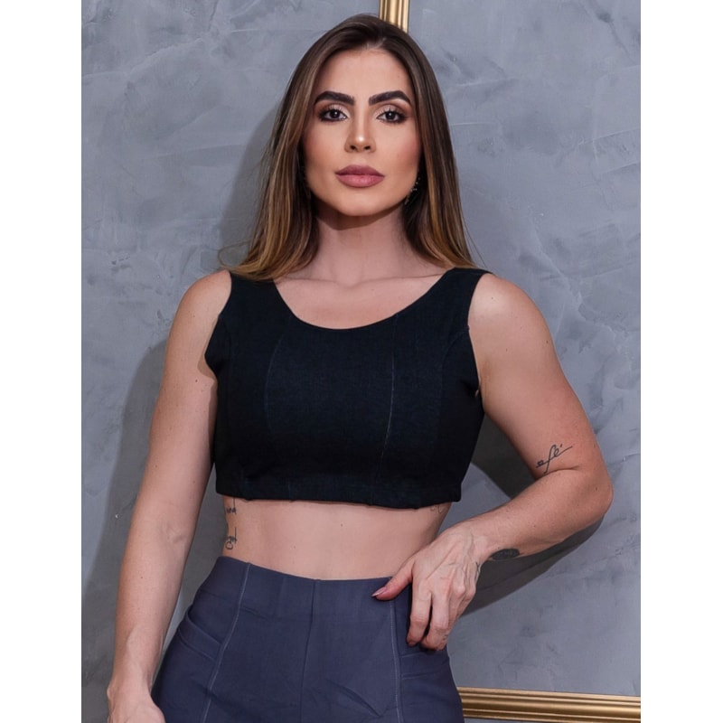 Cropped Fake Jeans Preto em Viscose | Ref: 3.3.2564-01-G