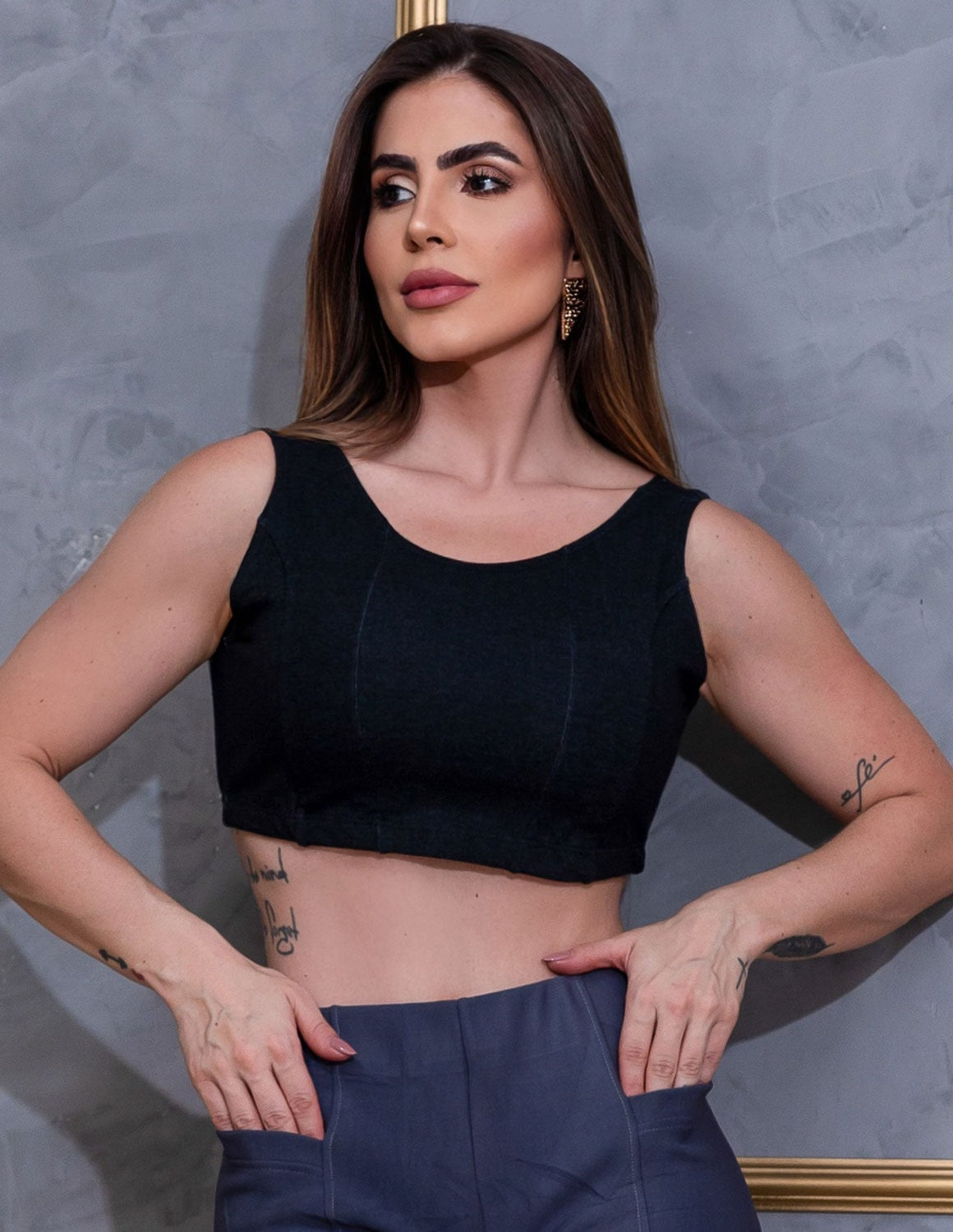 Cropped Fake Jeans Preto em Viscose