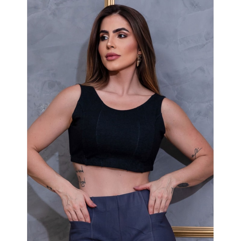 Cropped Fake Jeans Preto em Viscose | Ref: 3.3.2564-01-G