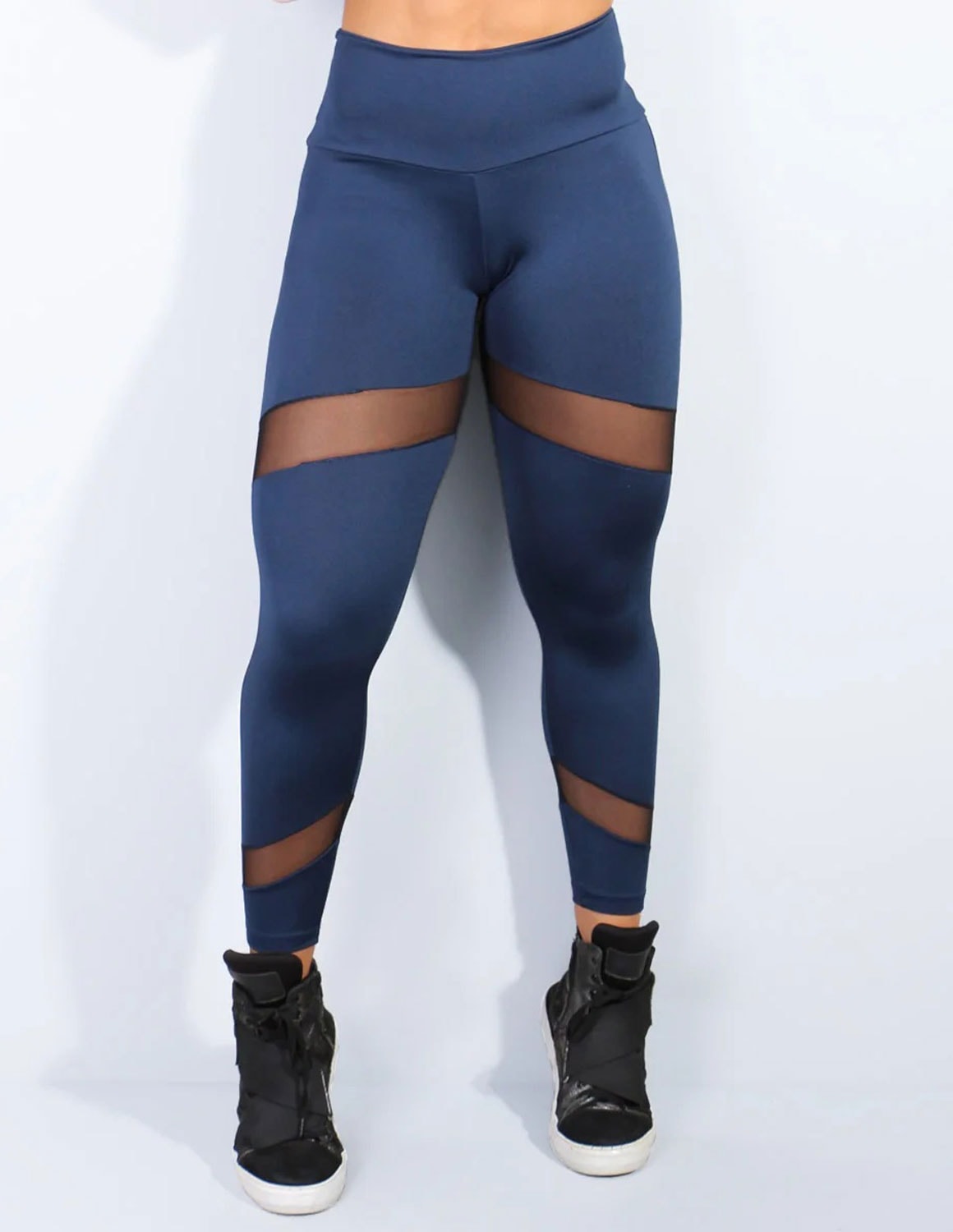 Calça Legging Azul Marinho com Recortes em Tule