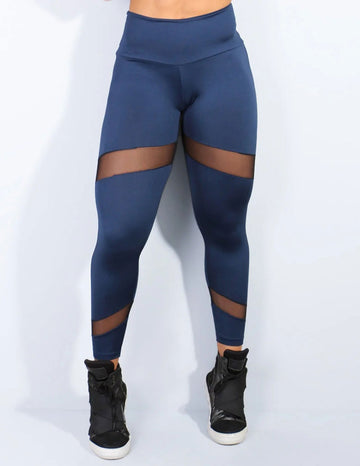 Calça Legging Azul Marinho com Recortes em Tule