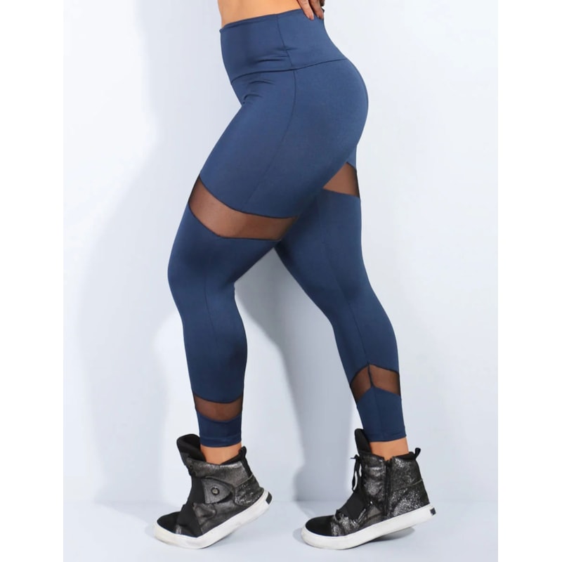 Calça Legging Azul Marinho com Recortes em Tule | Ref: 4.4.1587-18-G