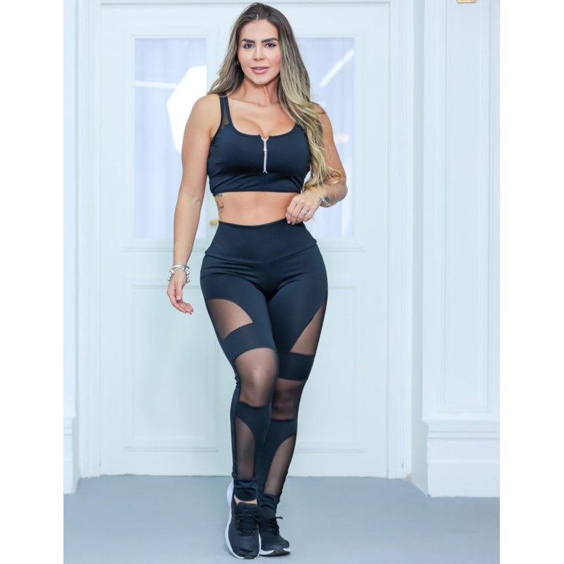 Calça Punho Preta com Recortes de Tule | Ref: 4.4.4252-01-G