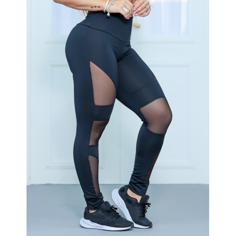 Calça Punho Preta com Recortes de Tule | Ref: 4.4.4252-01-G