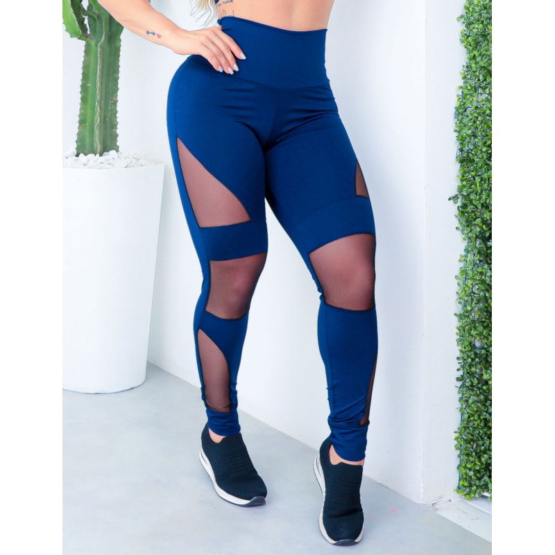 Calça Punho Azul Marinho com Recortes de Tule Preto | Ref: 4.4.4252-18-G