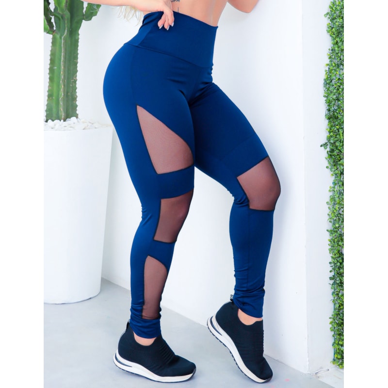 Calça Punho Azul Marinho com Recortes de Tule Preto | Ref: 4.4.4252-18-G