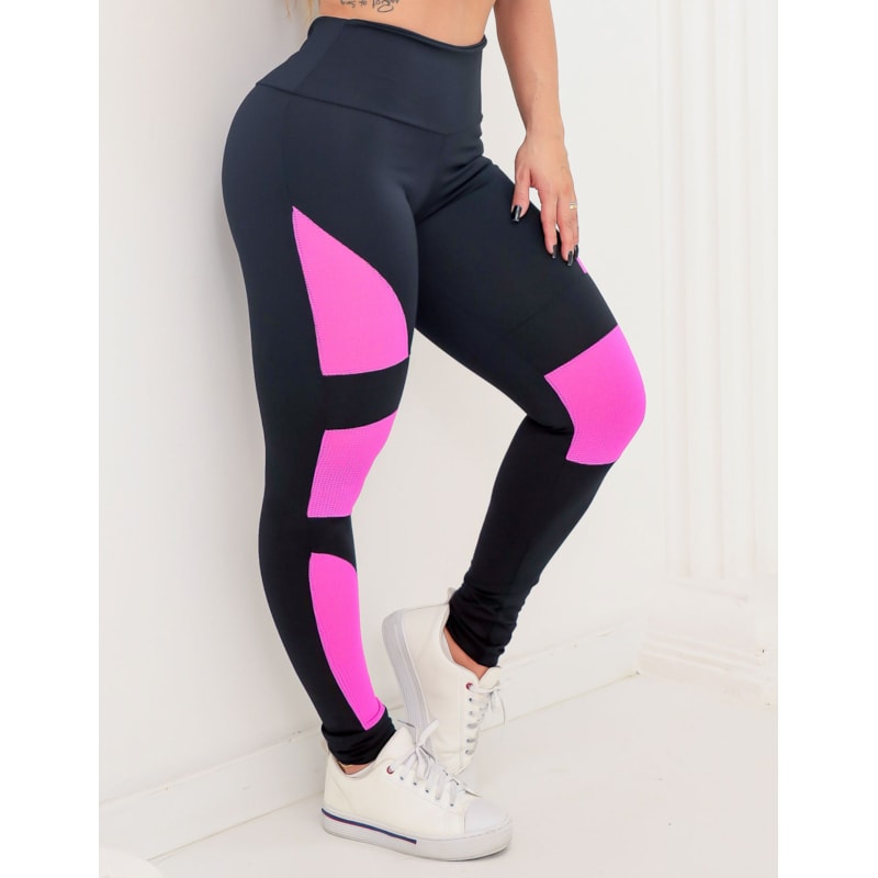 Calça Punho Preta com Tela de Poliamida Rosa | Ref: 4.4.4261-0121-G