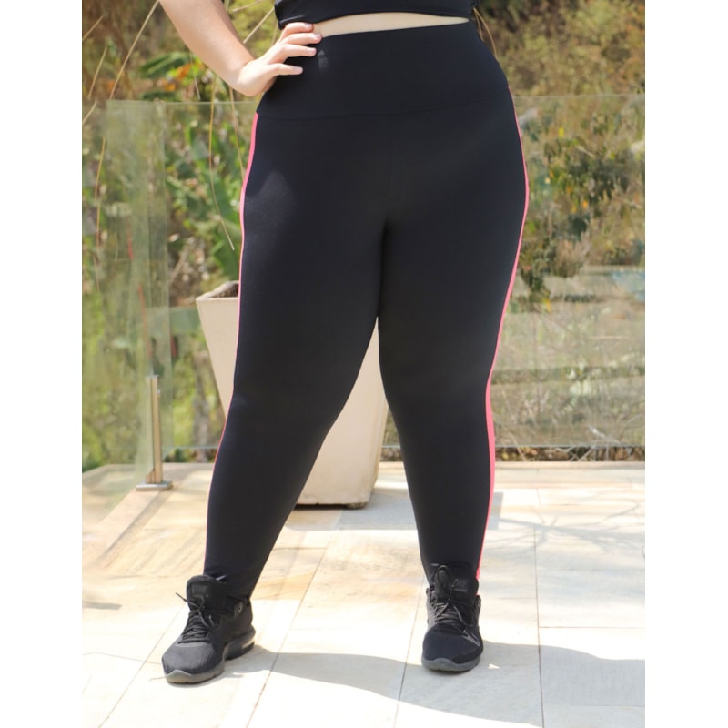 Calça Legging Plus Size Preta Cós Alto com Tela de Poliamida | Ref: 4.4.4302-0104-48